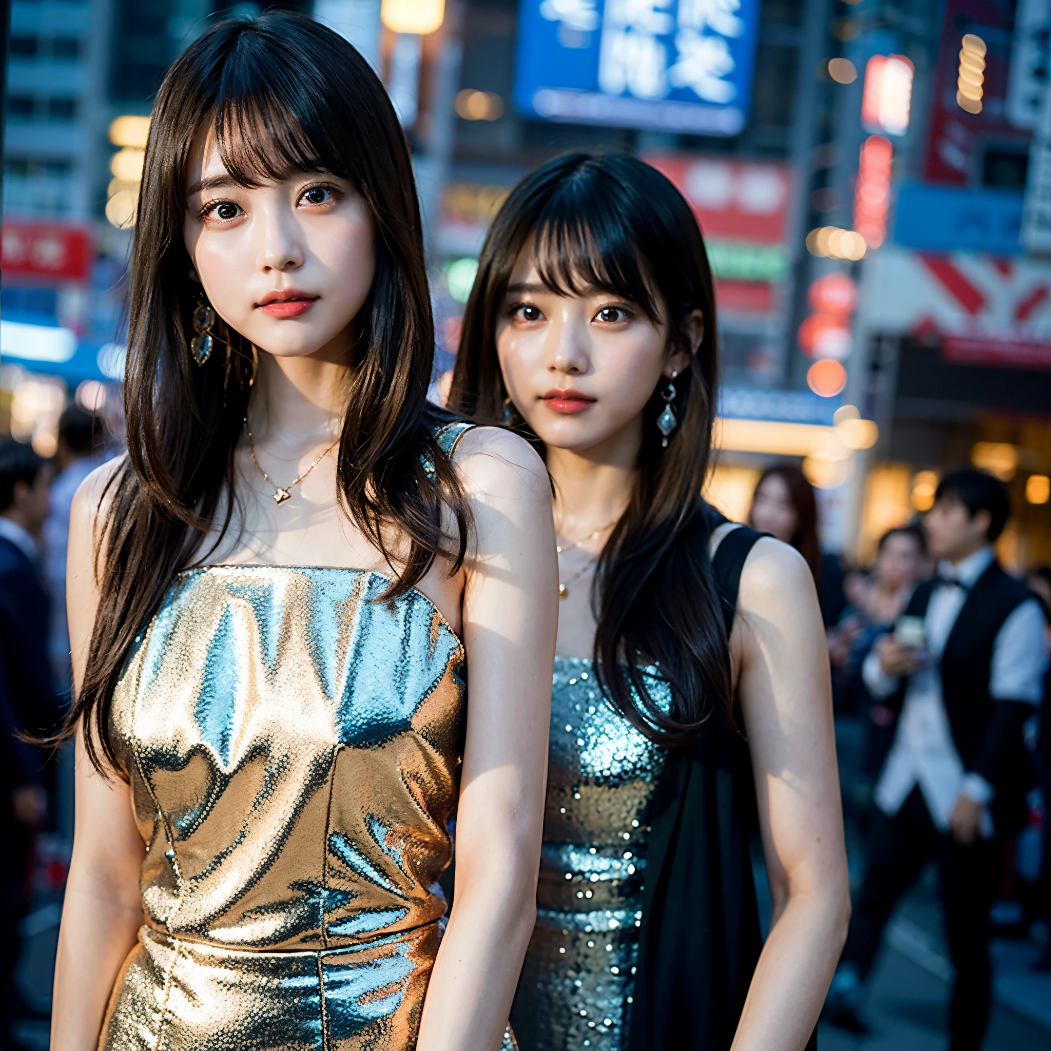Hinatazaka46, masterpiece, high resolution 8K image, photorealistic, ultra-detailed CG, beautiful members of Hinatazaka46 idol group, intricate detail faces, ultra-detailed skin, all members in various poses and outfits, atmospheric city night setting, neon signs illuminating the dark night, blurred background, deep focus on each member, clear eyes shining in the dim light, beautiful earrings, bracelets, necklaces, and pantyhose emphasizing their slim figures, detailed faces and eyes with lifelike expressions, realistic lighting that bring out their unique features, exactly capturing the essence of each H