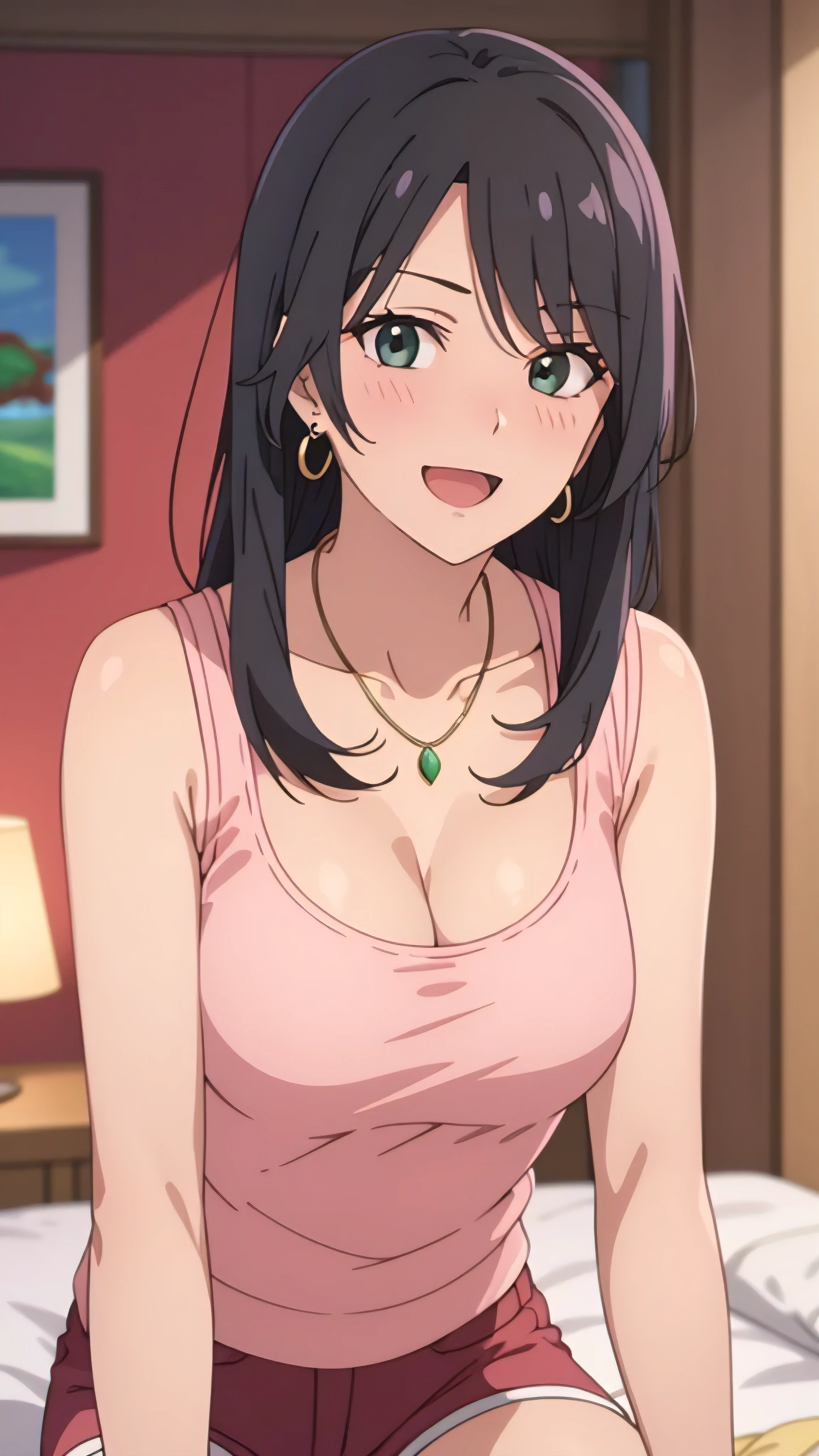 masterpiece, best quality, high resolution, UHD, RTX, pixel perfect, depth of field, 4k, highly detailed, 1 mother, single, solo, beautiful anime mother, beautiful art style, anime characters, long hair, parted bangs, middle part of hair bangs, dark black hair, green eyes:1.4, round eyes, beautiful eyelashes, realistic eyes, detailed face, blush:1.2, fine texture:0.75, realistic texture:0.65, photorealistic:1.1, CG anime style, bright color, medium breasts, dynamic angle, perfect body, first point of view, dynamic pose, looking at the viewer, wearing a pink tank top, shorts, bra visible through the t-shirt, fashionable, 1 diamond necklace, cute earrings, warm smile, open mouth, shy , bedroom, leaning forward