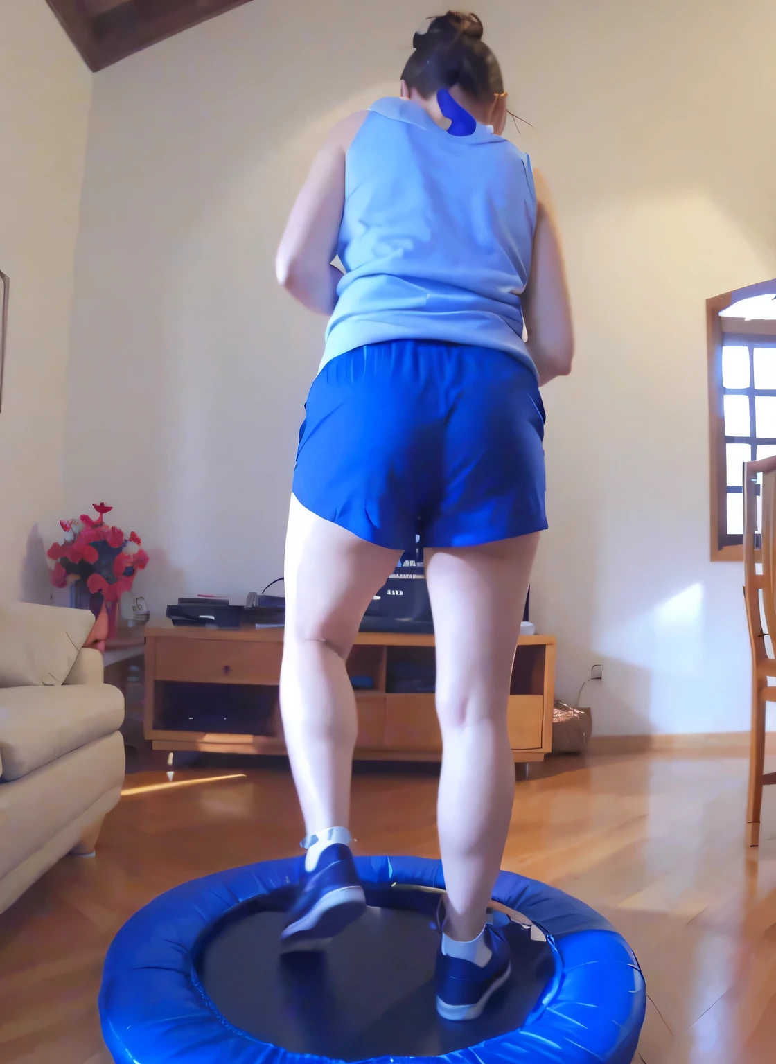 woman standing with her back on a trampoline in a living room with a sofa, jumping, dancing woman, in action pose, triumphant pose, full figure close-up. Wearing blue shorts and a blue top. Slim body, slim waist. Her body exudes glamor and her face is the definition of beauty. Test, highly realistic, reddish skin, beautiful, slightly full lips, red lipstick, feeling of lightness and joy, hyper-realism, very elaborate skin, direct look. Full body photo, clear and high quality photo. Beautiful woman, extremely sexy, very sensual. Masterpiece: 1.3, high resolution, (photographically realistic), 8k, NUDE, NUDITY, NFSW.