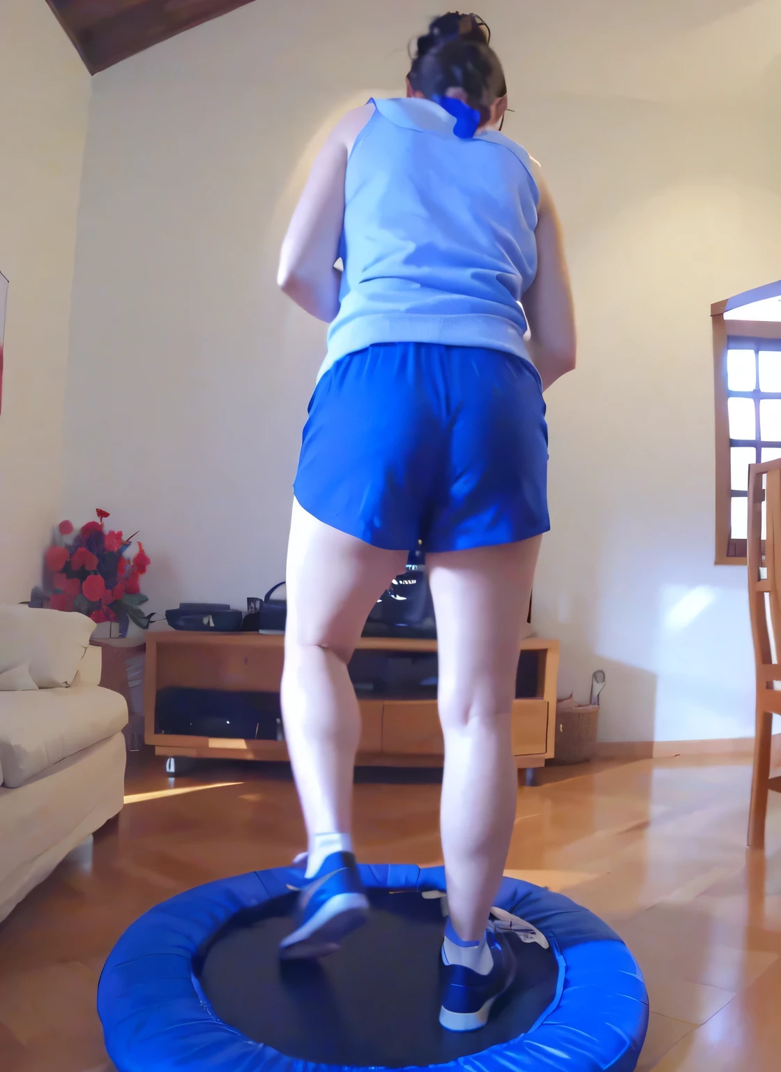 woman standing with her back on a trampoline in a living room with a sofa, jumping, dancing woman, in action pose, triumphant pose, full figure close-up. Wearing blue shorts and a blue top. Slim body, slim waist. Her body exudes glamor and her face is the definition of beauty. Test, highly realistic, reddish skin, beautiful, slightly full lips, red lipstick, feeling of lightness and joy, hyper-realism, very elaborate skin, direct look. Full body photo, clear and high quality photo. Beautiful woman, extremely sexy, very sensual. Masterpiece: 1.3, high resolution, (photographically realistic), 8k, NUDE, NUDITY, NFSW.