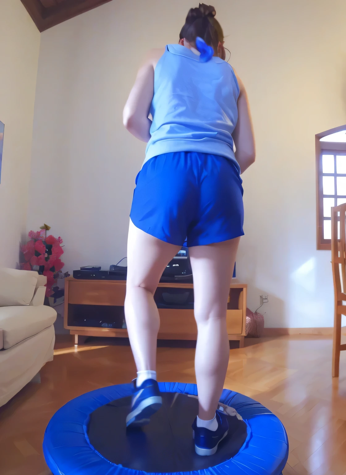 woman standing with her back on a trampoline in a living room with a sofa, jumping, dancing woman, in action pose, triumphant pose, full figure close-up. Wearing blue shorts and a blue top. Slim body, slim waist. Her body exudes glamor and her face is the definition of beauty. Test, highly realistic, reddish skin, beautiful, slightly full lips, red lipstick, feeling of lightness and joy, hyper-realism, very elaborate skin, direct look. Full body photo, clear and high quality photo. Beautiful woman, extremely sexy, very sensual. Masterpiece: 1.3, high resolution, (photographically realistic), 8k, NUDE, NUDITY, NFSW.