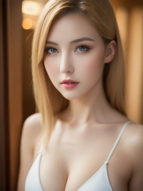 (realistic、masterpiece、Best Quality、8K、highres、high resolution:1.3)、1 girl、Huge breasts、white bikini、pale white skin、looking at viewers、super fine face and eyes、long blonde hair、indoor、 upper body、