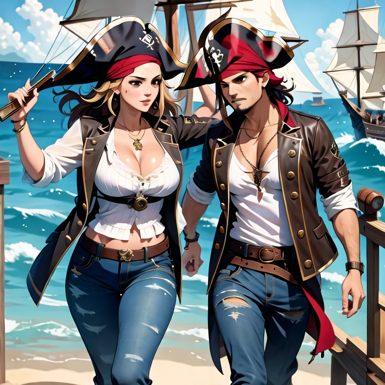 (masterpiece, best quality:1.2),1 pirata, vestimenta antigua, cinturon ancho, usando pistola de pirata y sable en otra, tricornio en la cabeza, usando parche pirata en un ojo, con tatuajes.