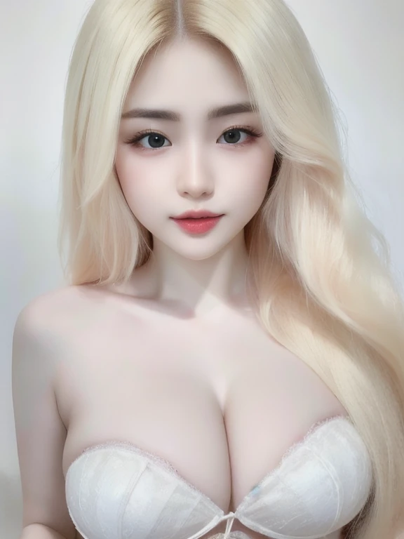 (realistic、masterpiece、Best Quality、8K、highres、high resolution:1.3)、1 girl、Huge breasts、white bikini、pale white skin、looking at viewers、super fine face and eyes、long blonde hair、indoor、 upper body、