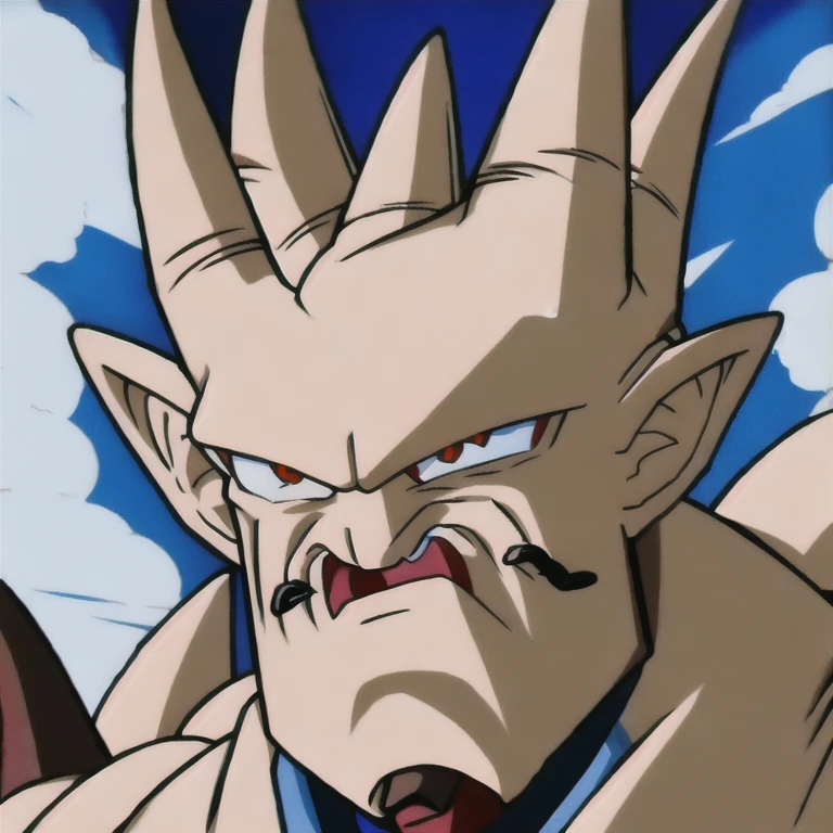 (masterpiece, best quality:1.2), 1boy, solo, horns, moustache, red eyes, spikes, Omega Shenron, pointy ears, anime