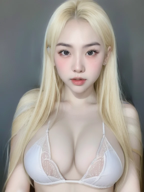 (realistic、masterpiece、Best Quality、8K、highres、high resolution:1.3)、1 girl、Huge breasts、white bikini、pale white skin、looking at viewers、super fine face and eyes、long blonde hair、indoor、 upper body、