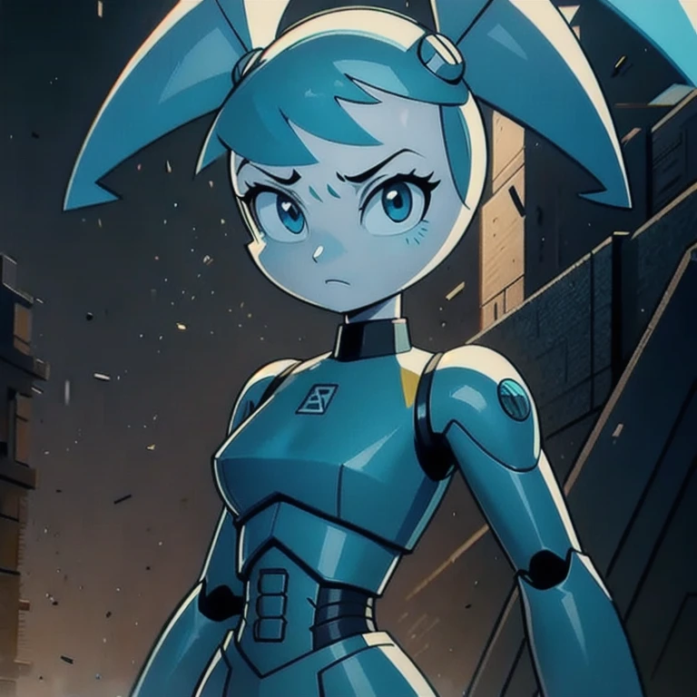 (masterpiece, best quality:1.2), detailed, dark shot, hdr, Jenny (XJ-9), 1girl, robot. twintails, iron skin, looking at viewer,