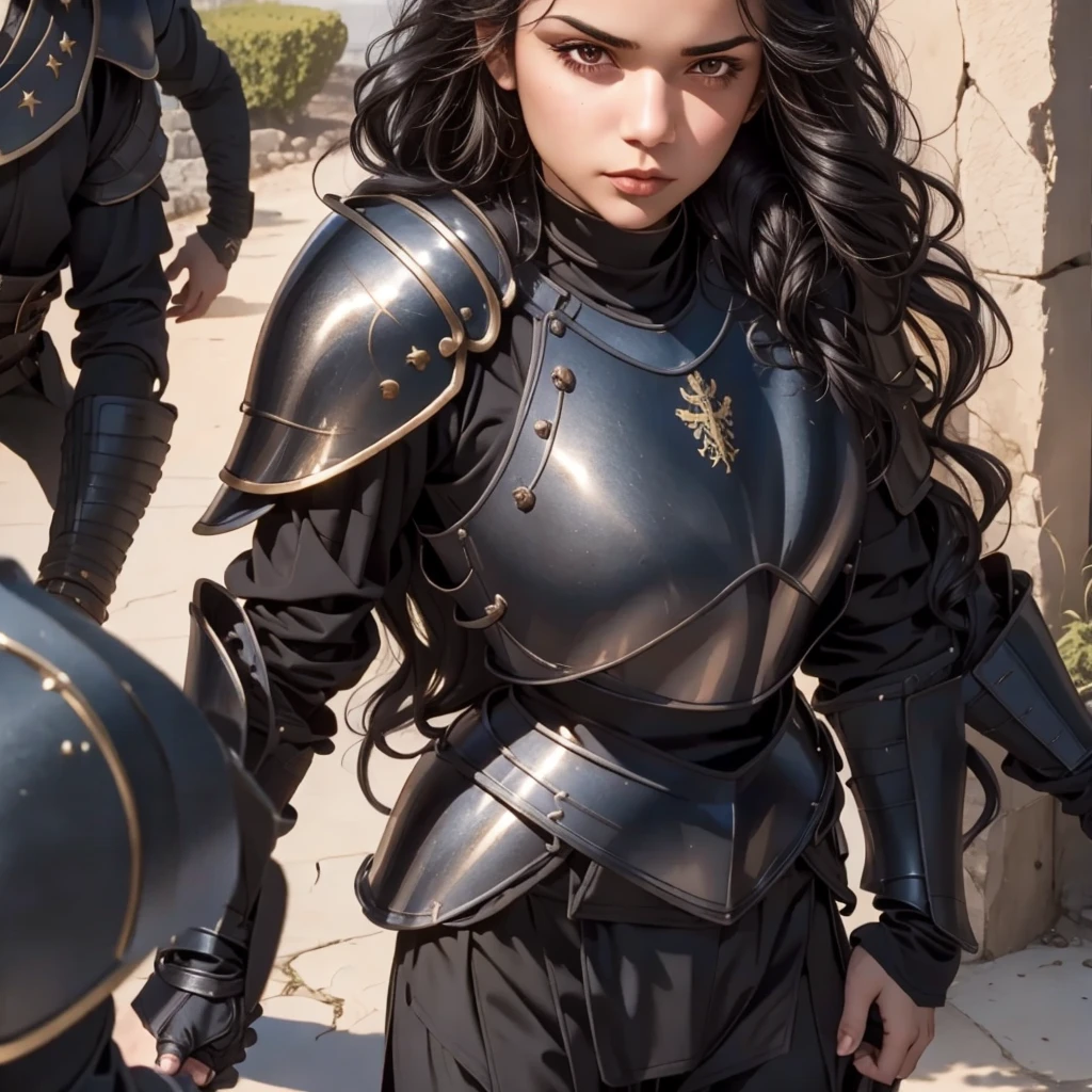 close-up, 22yo woman (long wavy black hair), looking at viewer, ((wearing a black compression shirt long sleeve and a shoulder plate armor):1.15), UHD, 16K, realistic, professional photograph, daylight, outdoors, professional photograph, 