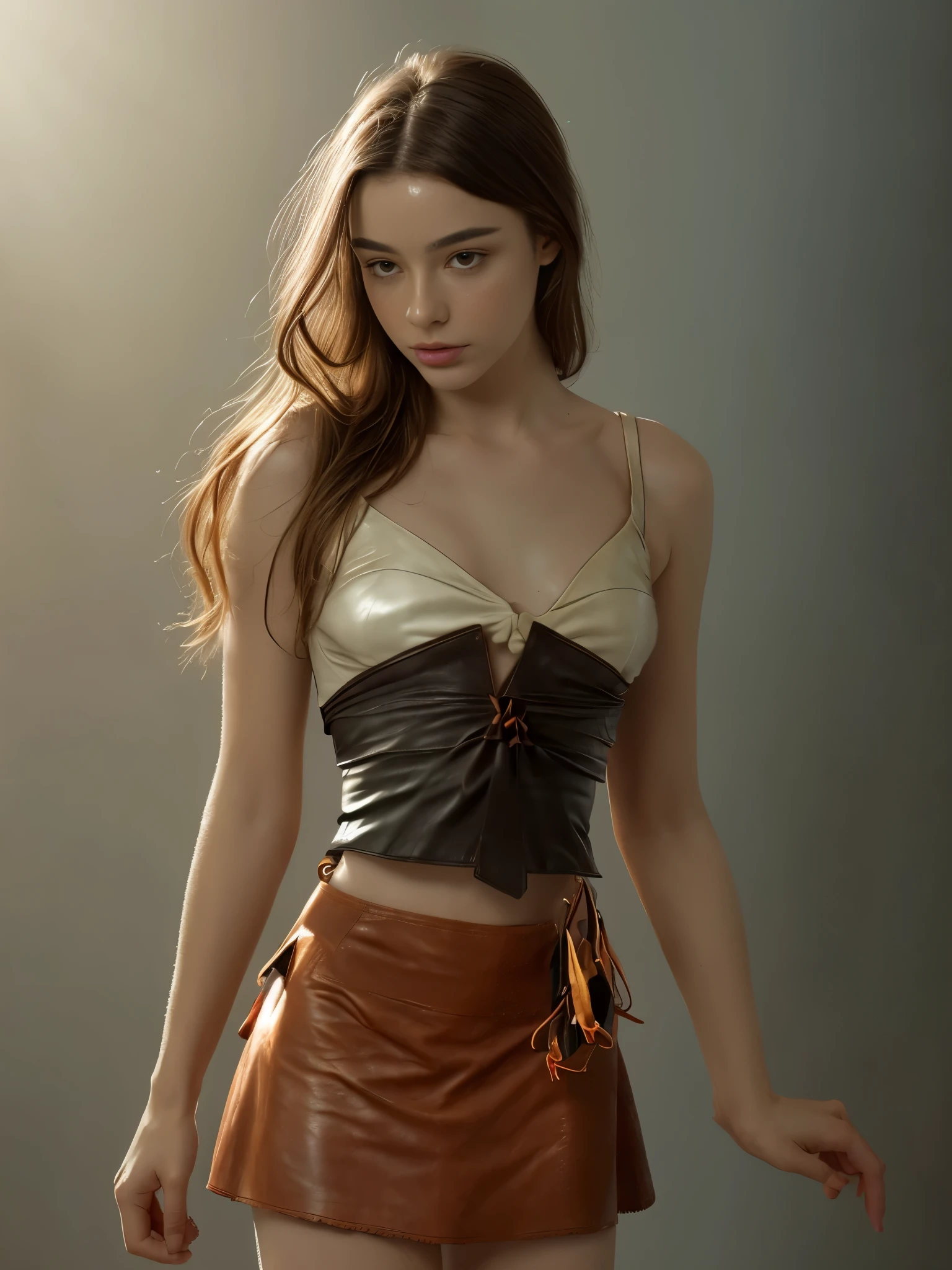 full body photo, dressed, (photo realistic:1.4), (hyper realistic:1.4), (realistic:1.3), (smoother lighting:1.05), (increase cinematic lighting quality:0.9), 32K, 1girl,**** girl, realistic lighting, backlighting, light on face, ray trace, (brightening light:1.2), (Increase quality:1.4), (best quality real texture skin:1.4), finely detailed eyes, finely detailed face, finely quality eyes, (tired and sleepy and satisfied:0.0), face closeup, ((leather corsage with skirt):1.7), long legs, (Increase body line mood:1.1), (Increase skin texture beauty:1.1)