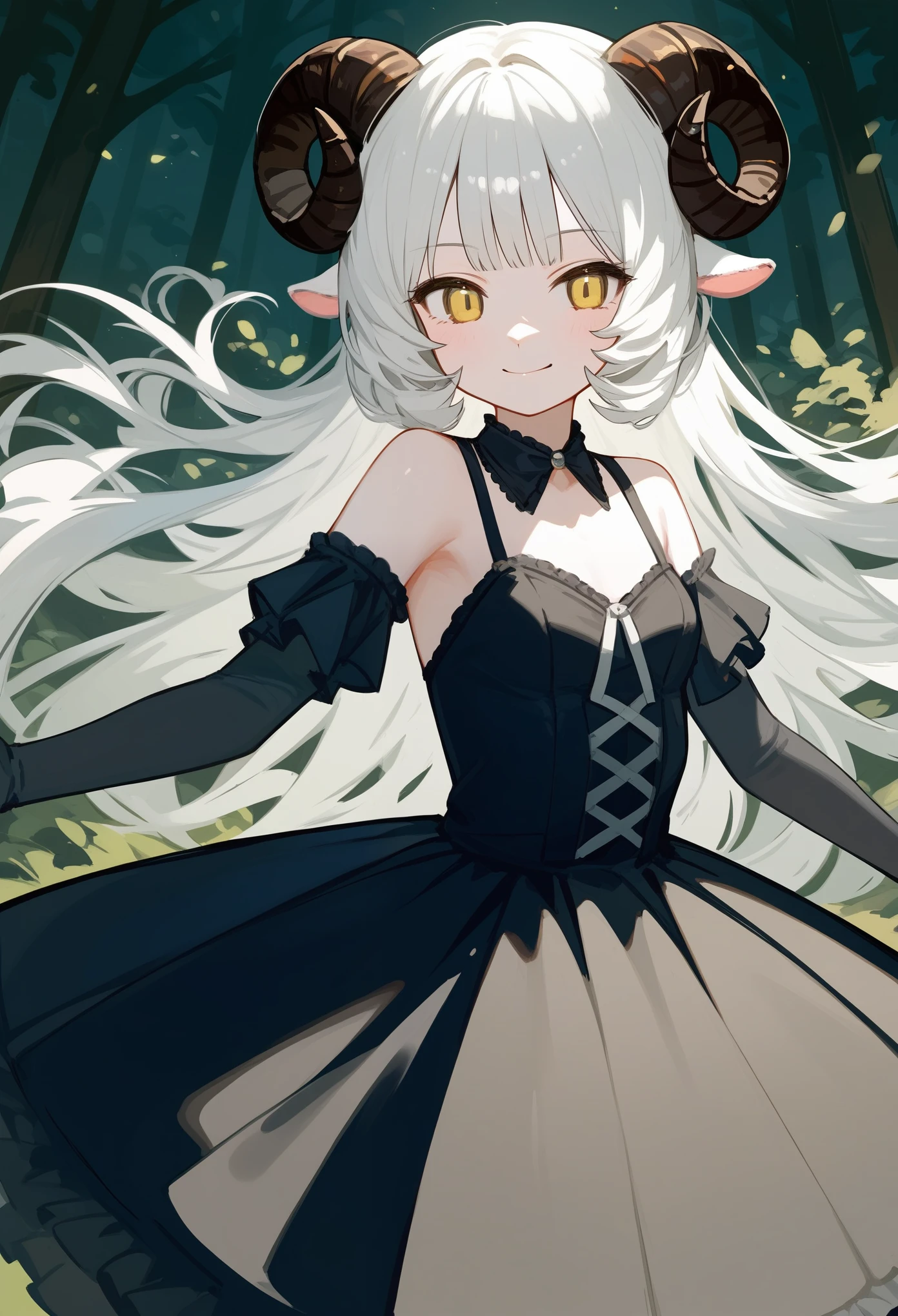 (score_9, score_8_up, score_7_up), 1girl, solo, (sheep horns, curled horns, black horns:1.2), (black sheep ears), white hair, long hair, hime cut, long bangs, pale skin, yellow eyes, smirk, neutral, small breasts, standing, ta fashion, (black dress, old fashioned), (forest background, night), spread arms, upper body, masterpiece, best quality
