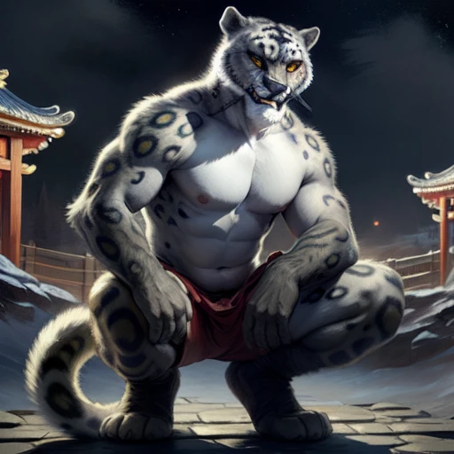 (by taran fiddler), (by darkgem:0.8), (by chunie:1), masterpiece, grey fur, nipples, navel, portrait, seductive, looking at viewer, smile, grin, teeth, (tailung:1.2), snow leopard, (gold eyes), detailed eyes, male, solo, anthro, crouched on roof, (looking back, massive cum filled butt:0.50), roof tiles (detailed temple background), Chinese temple, (night), no clothes