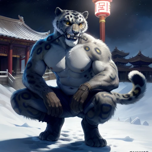 (by taran fiddler), (by darkgem:0.8), (by chunie:1), masterpiece, grey fur, nipples, navel, portrait, seductive, looking at viewer, smile, grin, teeth, (tailung:1.2), snow leopard, (gold eyes), detailed eyes, male, solo, anthro, crouched on roof, (looking back, massive cum filled butt:0.50), roof tiles (detailed temple background), Chinese temple, (night), no clothes