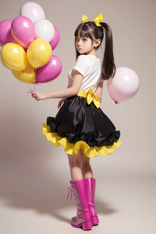 (holding ballons), (((full body))), real photo, 9 years old girl, Brat female , (((drawers))), ((looking back at me)), twin tails, big ribbon, yellow boots,