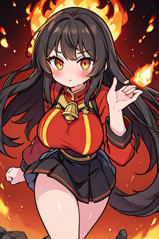 1girl, cute girl, solo, blush, (Charcoal Brunette hair), ((slightly messy hair)), (very long hair), Beautiful Amber eyes, ((Excessively Large Breasts)), curvy, wide hips, wearing a (Red shirt with a flame pattern at the edges), Black hood, and a Black Skirt, and has one hand open with a little flame on it, with a focused facial expression. ((detail face)), 8k, super detail, masterpiece, high quality, high resolution, high detail, high face detail, HD quality, very cute, bright, she is learning to be a “Pyromancer” or “Fire Mage”,