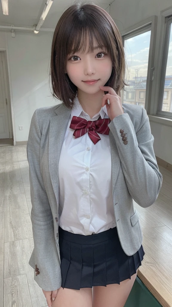 (masterpiece:1.2), Japanese, (18-year-old), (girl), ((Collared shirt)), (skirt), smile, Bedroom, Thighs, ((small face)), (bow tie), Hair Bun,
