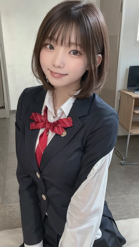 (masterpiece:1.2), Japanese, (16 years old), (a girl),  (Collared shirt), (skirt), (bow tie), on a bed, smiling, tits, (close up to face), short hair, 