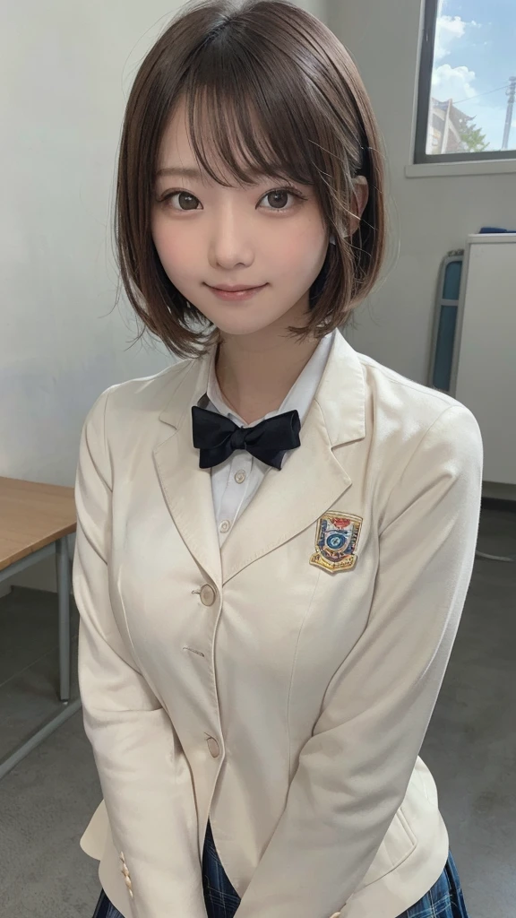 (highest quality,8K quality,masterpiece:1.3),(Ultra-high resolution,Photorealistic:1.4,Raw photo),(Very detailed,Caustics,Detailed Background),(Ultra-Realistic Capture,Beautiful, smooth skin,Perfect Anatomy),At dusk,Sunset sky,School building,Schoolyard,18-year-old,cute,single eyelid,Black short bob,School Blazer Uniform,Look at the camera,Laughter,Bust up shot,Natural soft light