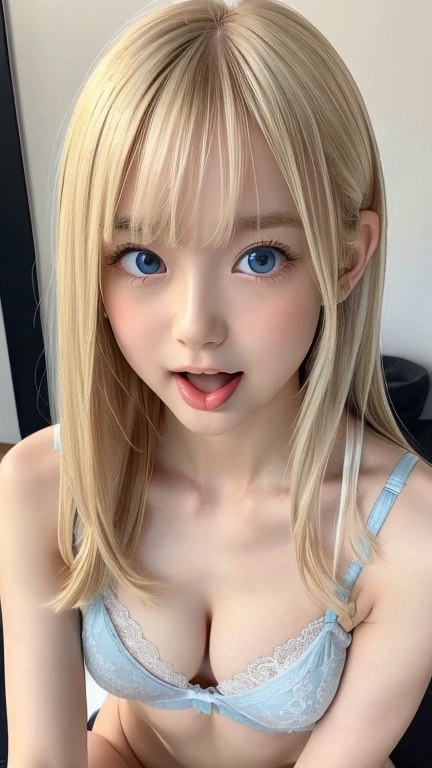 highest quality Shining, clear, white skin、Her windblown blonde hair hides her beautiful face、huge、20 years old cute sexy little beautiful face、Beautiful straight hair that stands out、growing up, Sparkling light blue eyes、long silky bangs that cover cute eyes, Sexy and cute young woman with super long hair hiding her sexy face、Super long, natural platinum blonde shiny hair Beautiful bangs that cover the forehead and reach the eyebrows Beautiful chest whole body Lower Body Overall image Sensual pose Sexy floral lace top and bottom split underwear They are trying to seduce me. A devilish look peace sign The underwear is small Hair Nude He has a white stick in his hand and is about to lick it. He has his mouth open and his tongue sticking out as if he is about to lick something in front of him. Looking up, sticking out his tongue and trying to lick Mouth and facial expression A cloudy splashed onto his face and body.