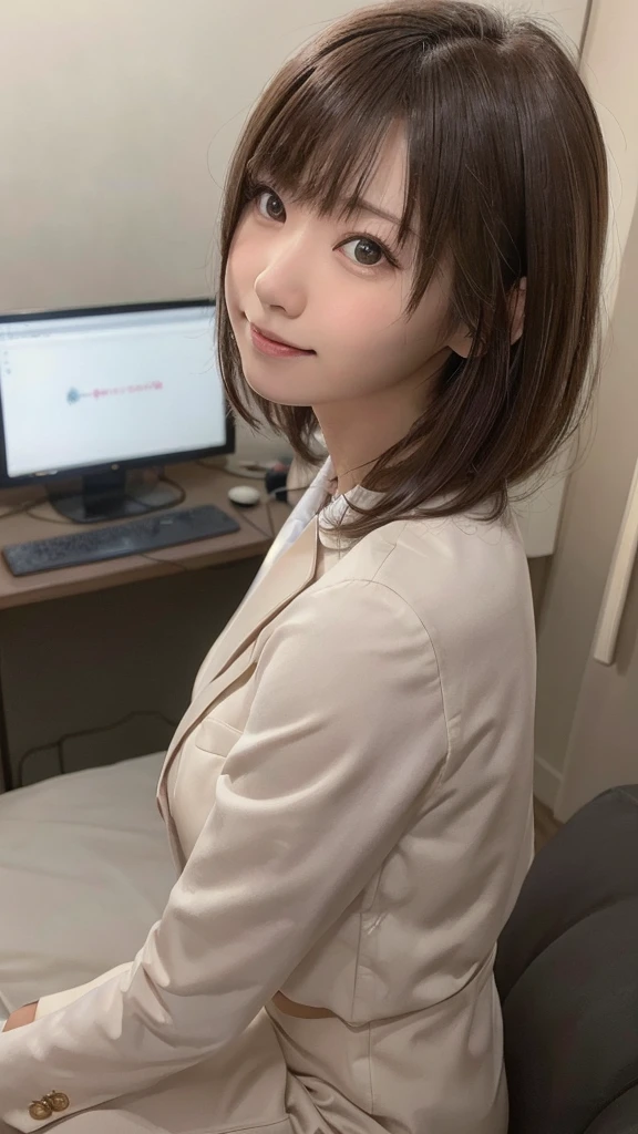 (Best quality, 8k, 32k, Masterpiece, UHD:1.2), from front, 1 girl, beautiy Japanese office lady, (smile:0.5), (looking at the the viewer), 30 years old, bit chubby:0.2, white shirt, black skirt, office room, desk, detailed beautiful face, twin-tail wavy hair, from below,