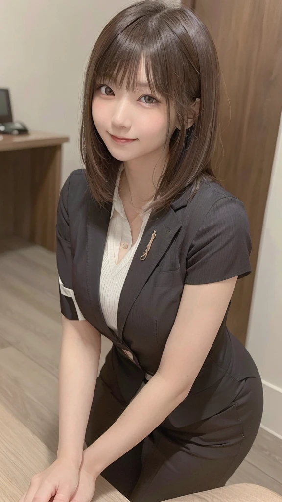 8K RAW Photos,highest quality, highest quality:1.1, masterpiece:1.3,超A high resolution, (Realistic:1.4), RAW Photos, (Above the knee:1.5, From the side), Natural skin texture:1.1, Realistic eye and facial details:1.3, Lip,(The background is blurred:1.4), (In the suite), 1 Japanese girl, cute, (alone:1.6), (A shy smile), (Dark brown eyes), Smooth skin, (Brown medium hair,bangs), (Touching hair:1.4),Nogizaka,office,business suit、Full Body Esbian、standing