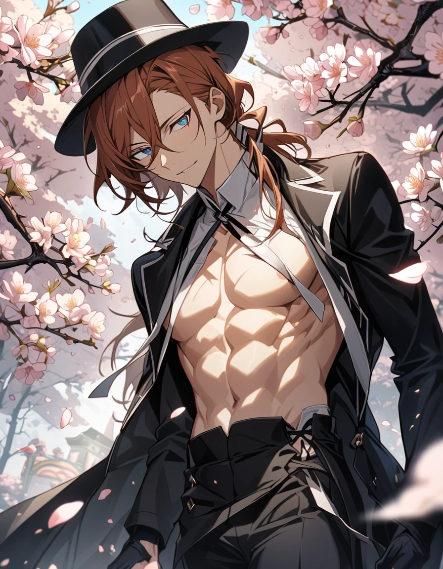 Ultra detailed, Highres, absurdres, Nakahara Chuuya, ginger hair, blue eyes, black long coat, black hat, Bungou Stray Dogs, spring, blossoms, petals, extremely handsome, sexy man, toned chest, solo, very detailed eyes and face, black pants, black gloves