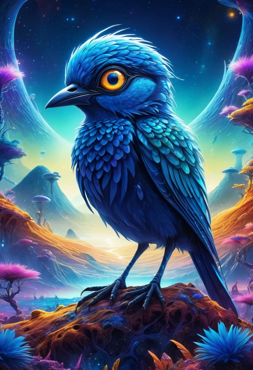 (high-res, vivid colors), blue bird alien, detailed feathers, sparkling eyes, alien landscape, vibrant colors, surreal atmosphere, glowing lights, otherworldly features, intricate patterns, dreamlike scenery