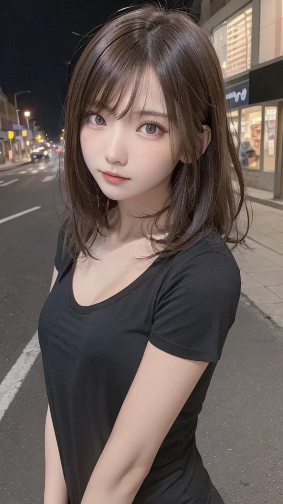 (Best quality, High resolution, Masterpiece :1.3), A pretty woman, Slender figure, Dark brown hair, T-shirt, (Street in city at night), Highly detailed face and skin texture, Detailed eyes, Double eyelid
