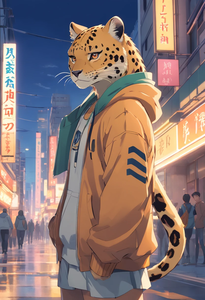 ((foto crua)), ((obra-prima)), Anthropomorphic humanoid leopard wearing (roupas de streetwear), andando furiosamente entre as pessoas, detalhe intrincado, intricate Greebles pieces, city behind, corpo musculoso, (large muscles), muscular arms, (small head), Ogro monstruoso, Titan soft lighting, Hiper realista, soft-lighting, Ambiente sinistro