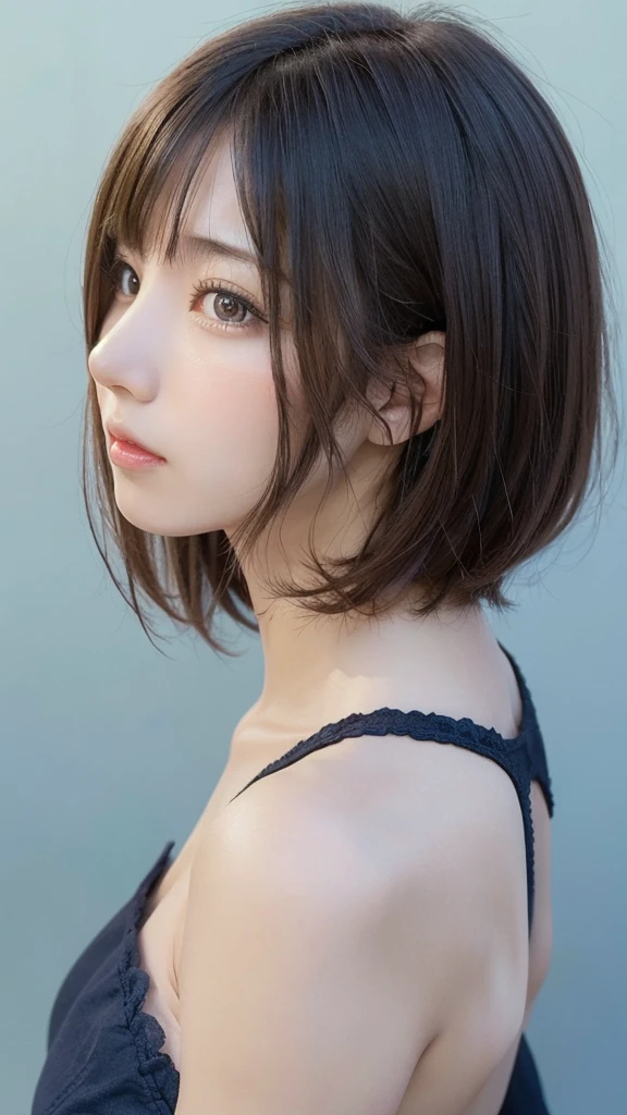 masutepiece, Best Quality, Illustration, Ultra-detailed, finely detail, hight resolution, 8K Wallpaper, Perfect dynamic composition, Beautiful detailed eyes, Women's Fashion Winter,Short Bob Hair、Small breasts natural color lip, Bold sexy poses,sexy and empty eyes、Harajuku、20 years girl、Cute、Subject looking at sexy pose on camera