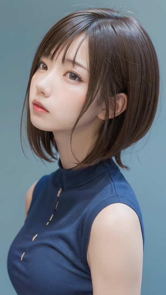 8K、highest quality、masterpiece、1 girl、cute、flat body、slim、、(close up head shot)、pixie cut 1.5、indoor、(torn clothes:1.23)