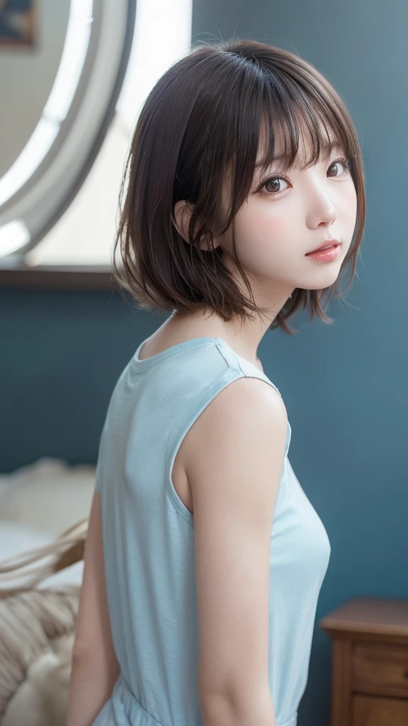 masterpiece, best quality, 1girl, profile face, stunning face, blue background, blurry, blown eyes, short hair, upper body