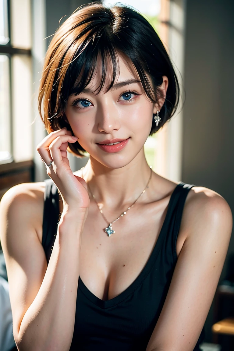 Save this image、correct number of fingers、Pale face and eyes:1.3、薄くてPale face and eyes:1.3, blue eyes:1.3、{highest quality}, {{masterpiece}}, {Very delicate and beautiful}, Outstanding light and shadow, Highly detailed wallpaper, Sunny and bright sunlight, whole body, whole body、 1 girl, , blush、Short Bob Hair, Strong sunlight, Black Nike Training Tops and Bottoms:1.3, Delicate Hair,Realistic skin texture, visible wrinkles on the skin., Broad shoulders, ((a strong light shines on your face)), color々Strike a Pose:1.5, necklace、ring、earrings、Toothy smile:1,5