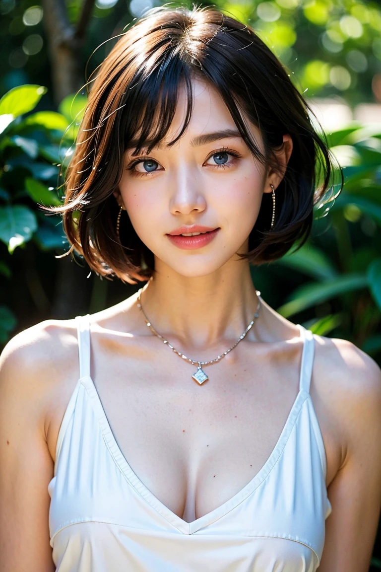 Save this image、correct number of fingers、Pale face and eyes:1.3、薄くてPale face and eyes:1.3, blue eyes:1.3、{highest quality}, {{masterpiece}}, {Very delicate and beautiful}, Outstanding light and shadow, Highly detailed wallpaper, Sunny and bright sunlight, whole body, whole body、 1 girl, , blush、Short Bob Hair, Strong sunlight, Black Nike Training Tops and Bottoms:1.3, Delicate Hair,Realistic skin texture, visible wrinkles on the skin., Broad shoulders, ((a strong light shines on your face)), color々Strike a Pose:1.5, necklace、ring、Ring earrings、(Toothy smile:1,5)、Cowboy Shot:1.5