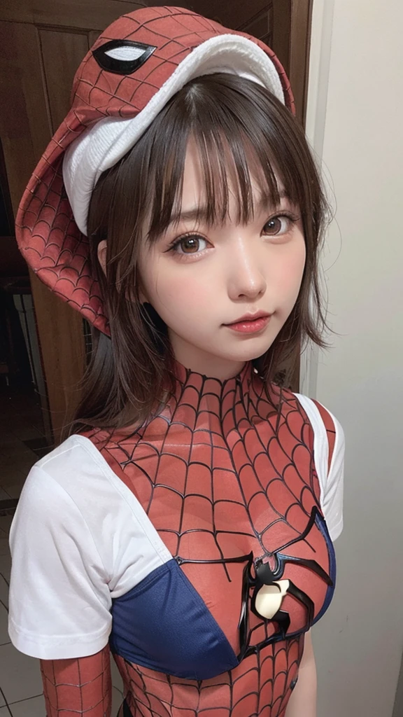 A black-haired beauty transformed into Spider-Man faces each other on top of Tokyo Tower