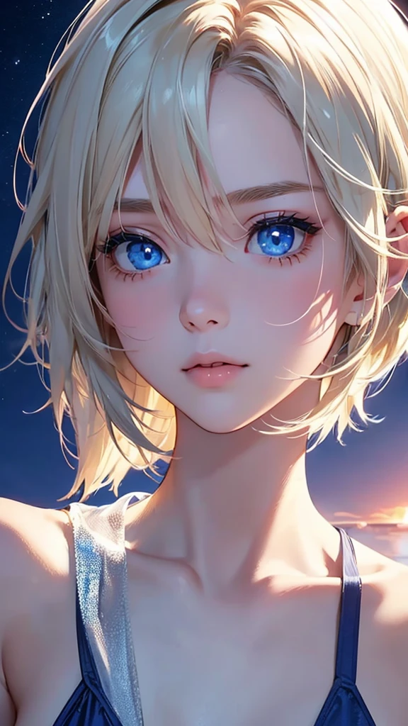 highest quality、Realistic、Night Sky、full moon、Ocean、moonlight、Women、zoom、look up、cute、cobalt blue eyes、blonde、short hair、Swimsuit、Face close-up、slender