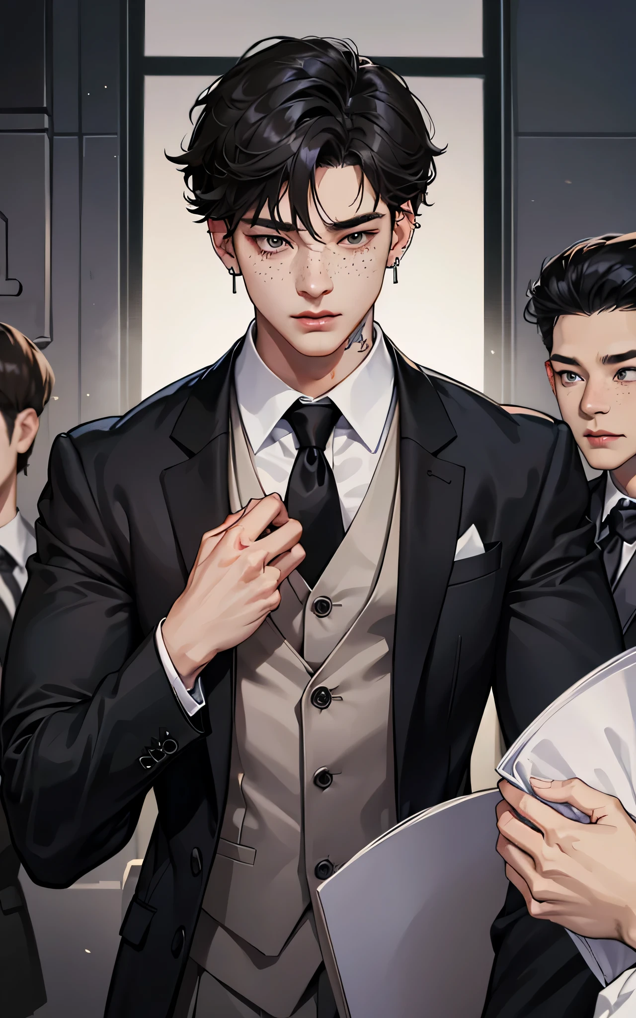 Muscular handsome guy, Black hair and gray eyes, Freckles, He is wearing a suit,No sexy tie, Asia's, BTS Jungkook, Counter bottom cut, Piercings and tattoos