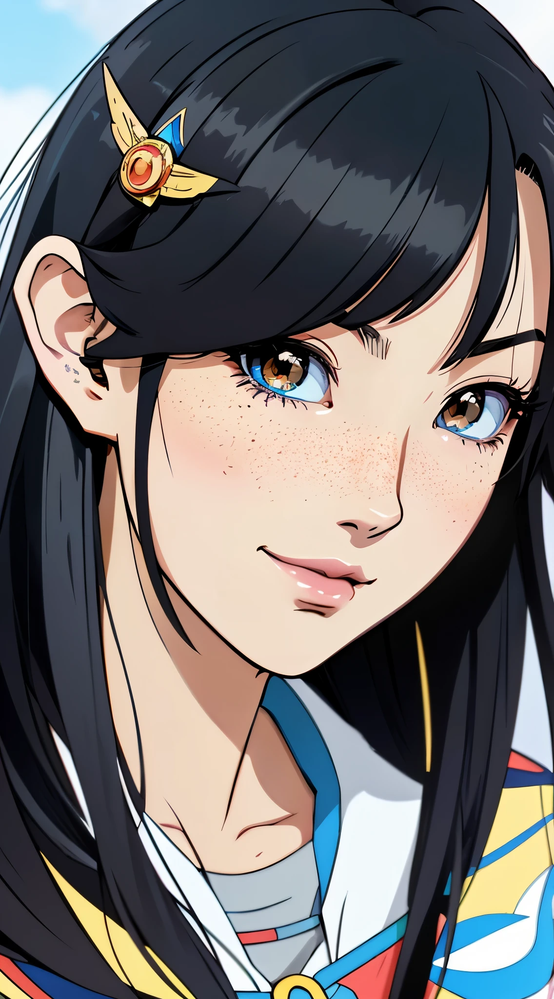 masterpiece, highest quality, {highest quality}, {{masterpiece}}, {High resolution}, concentrated, Anime Style, Woman cartoon closeup, Girl Design, Portraiture, Gisha, Anime Images, Long Hair, Black Hair, Straight eyes, Hair covering the ears, Sophisticated and powerful appearance, exotic, expensive, freckles, Hilarious, Classic attire, colorful, color  
