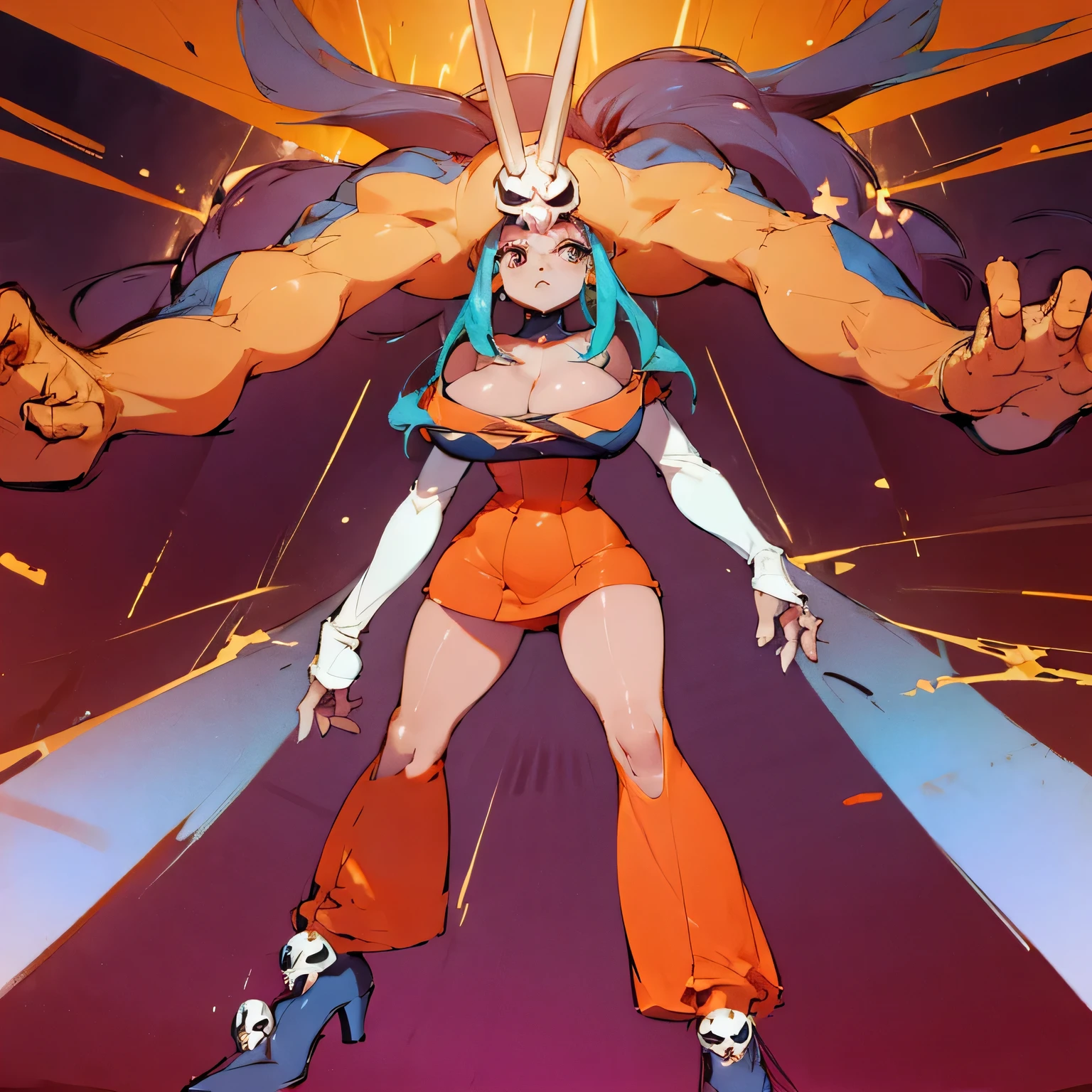 Vista completa, gigant head hands , cuerpo completo, traje naranja, piel morena, Pelo azul maduro female, Cerebella de Skullgirls (dynamic full body pose, character design sheet,