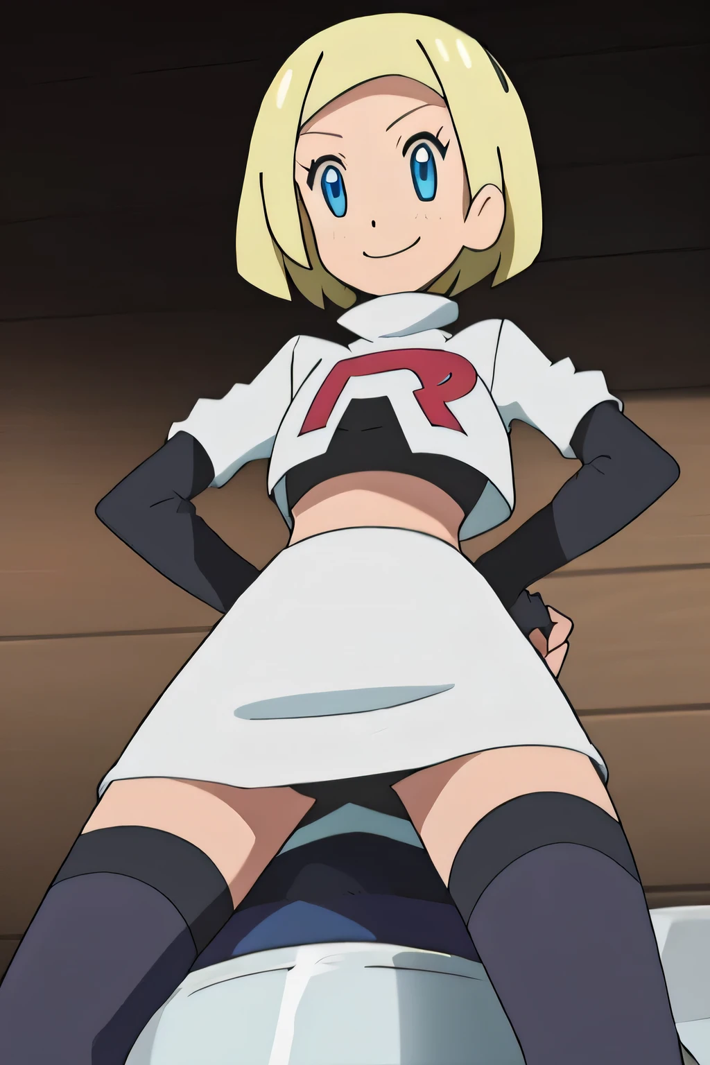 masterpiece,best quality,high res,high quality,8k, masterpiece,highres, team rocket uniform, red letter r, white skirt,white crop top,black thigh-high boots, black elbow gloves, evil smile, looking down at viewer, hands on hips, cowboy shot, zettai ryouiki,spread legs,from below, black panties,anime style, vivid colors, sharp focus, intense lighting,Theresia Caroline,short hair,blonde hair,blue eyes