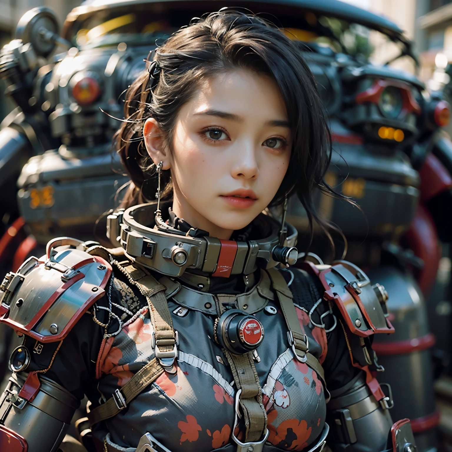 (masterpiece, best quality:1.2), (8k uhd, 16k, 32k, ultra high resolution), (photorealistic:1.37), (raw photo), ultimate realistic, ultimate realistic detail, ultimate realistic texture, ultimate complex detail, ultimate realistic lighting, ultimate realistic shadow, ultimate realistic skinUltimate Realistic Eyes, (Mechanical:1.4) (Harley-Davidson engine, based mechanical armor), power pipe, hydraulic cylinder, ultimate intricate detail, japanese female soldier in mechanical armor, ultimate cute face, very beautiful face, realistic, full body shot, sailing out of a secret base, cyberpunk
