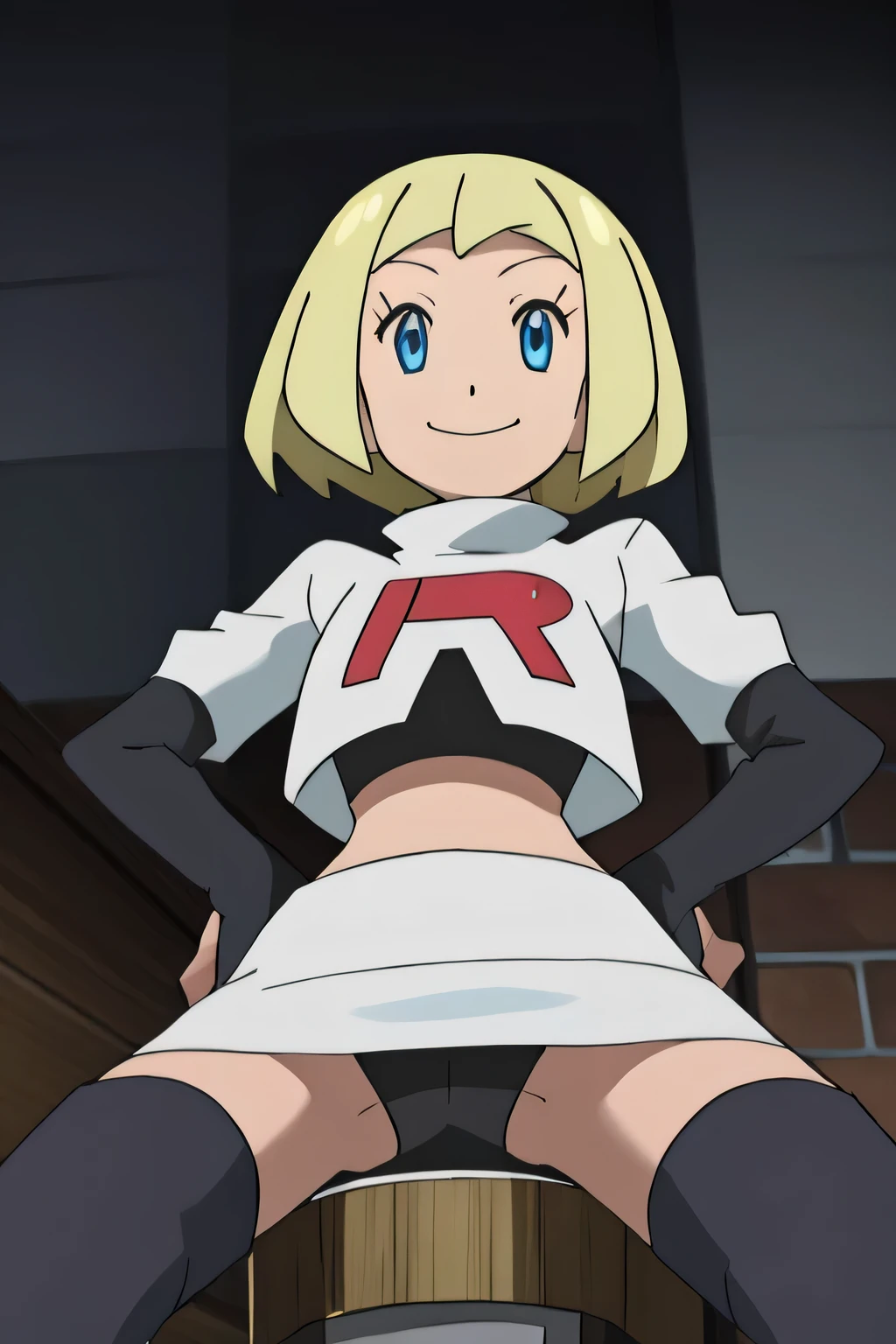 masterpiece,best quality,high res,high quality,8k, masterpiece,highres, team rocket uniform, red letter r, white skirt,white crop top,black thigh-high boots, black elbow gloves, evil smile, looking down at viewer, hands on hips, cowboy shot, zettai ryouiki,spread legs,from below, black panties,anime style, vivid colors, sharp focus, intense lighting,Theresia Caroline,short hair,blonde hair,blue eyes