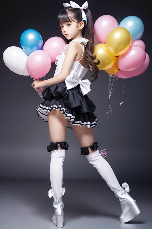 (holding balloons), (((full body))), real photo, girl, Brat female , (((drawers))), ((looking back at me)), twin tails, big ribbon, silver boots,