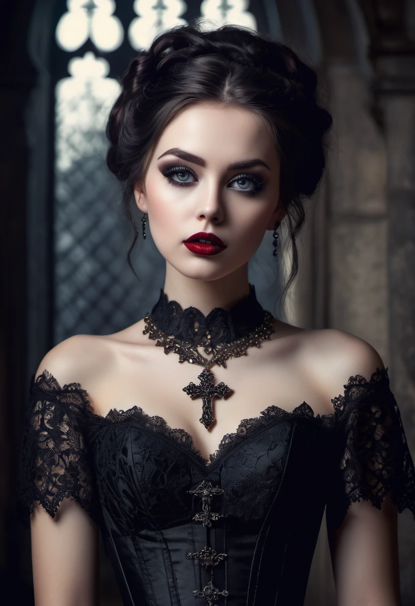 (best quality,highres,masterpiece:1.2),ultra-detailed,(realistic,photorealistic,photo-realistic:1.37),Polish gothic girl,beautiful detailed eyes,beautiful detailed lips,extremely detailed eyes and face,long eyelashes,sexy dress,ornate lace details,elaborate corset,cross pendant necklace,black lace gloves,dark gothic makeup,dramatic eyeliner and dark red lips,vintage background with intricate patterns,gothic architecture,haunting atmosphere,soft lighting to create shadows,dark and mysterious color palette,contrasting highlights and shadows,endless melancholy.