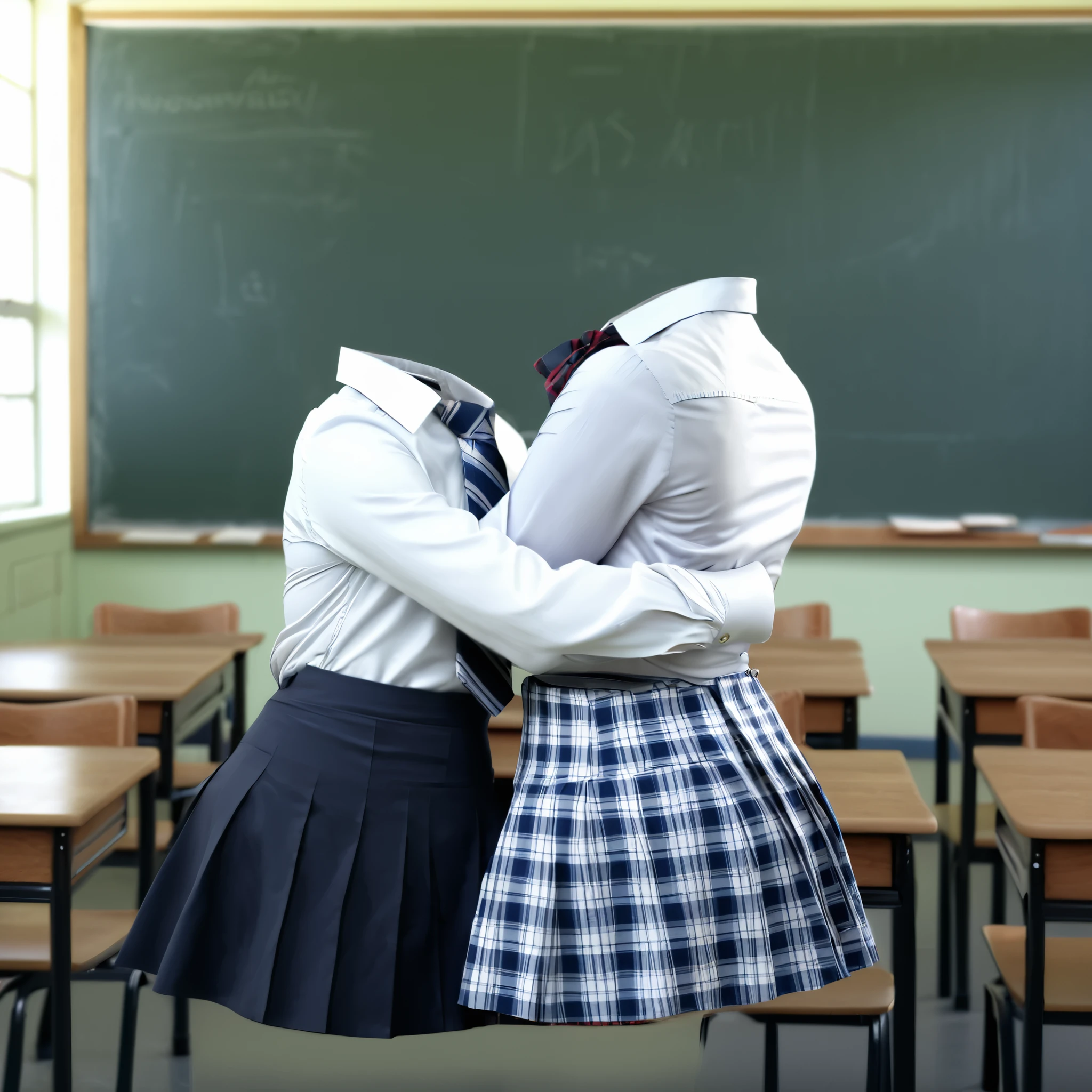 dynamic pose, two girls hug, in classroom, from side, fat, chubby, school blouse, plaid skirt, stripe tie, school tights, tights, (invisible, no humans, headless, faceless:1.5), cute big breasts, (8k, RAW photo, best quality, masterpiece:1.2), (realistic, photo-realistic:1.37), photon mapping, radiosity, ((Hasselblad photography)), physically-based rendering