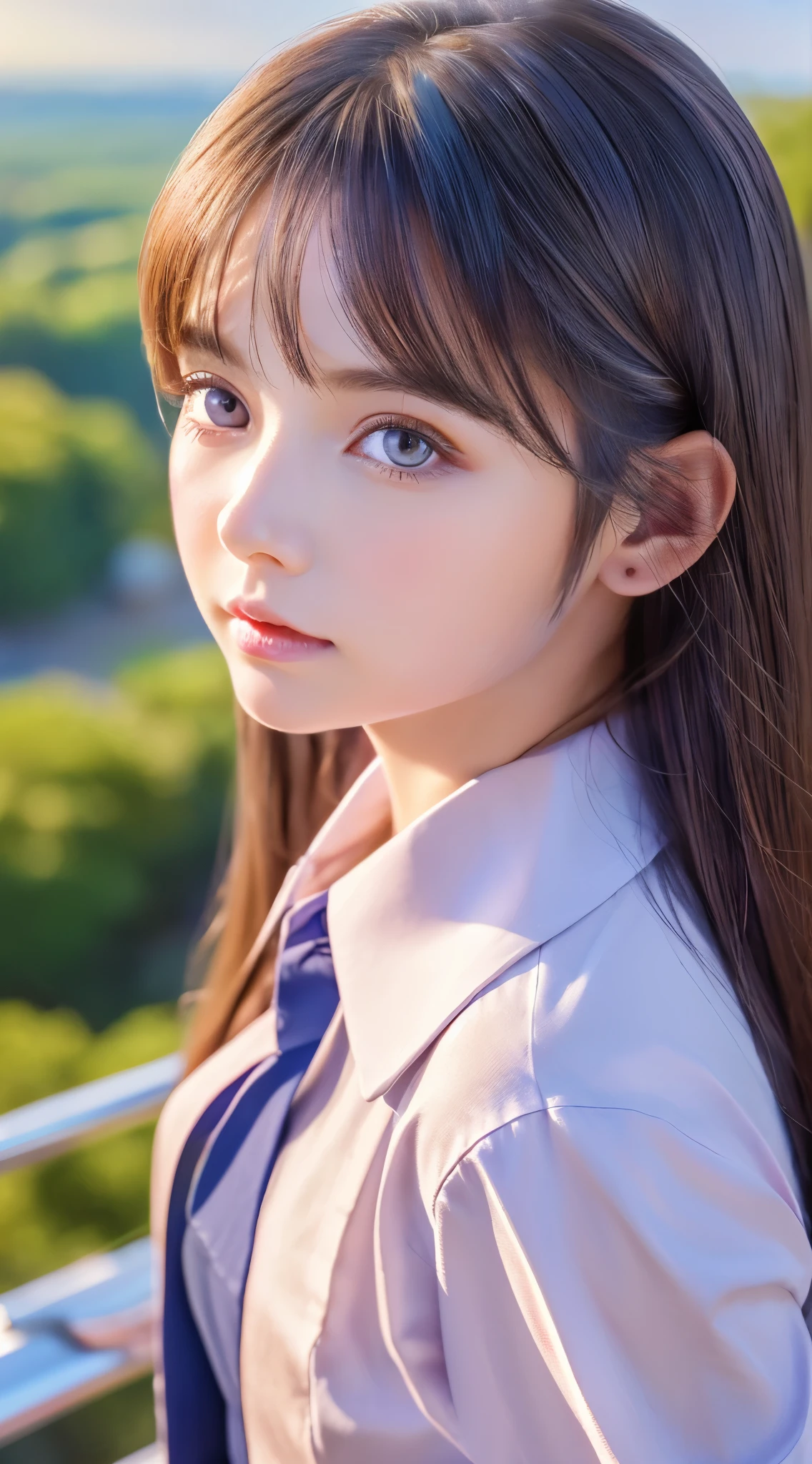 (detailed beautiful eyes and detailed face, masterpiece side light, masterpiece, highest quality, detailed, High resolution illustrations), (1 girl, beautiful girl, Shiny skin, look down, View your viewers), ( Long sky blue hair, Pink Eyes, skirt, ribbon, Button-down shirt) 45 degrees, Top View, Landscape, (手のdetailed)
