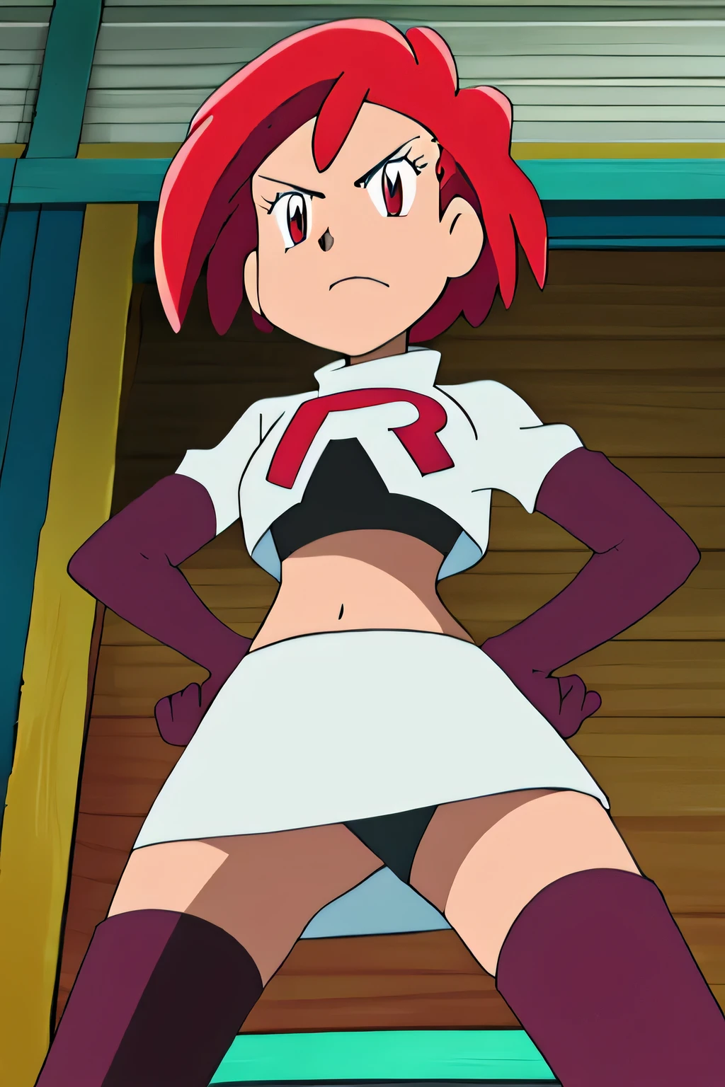 masterpiece,best quality,high res,high quality,zoey_pokemon,8k, masterpiece,highres, team rocket uniform, red letter r, white skirt,white crop top,black thigh-high boots, black elbow gloves, glaring angrily, looking down at viewer, hands on hips, cowboy shot, zettai ryouiki,spread legs,from below, black panties,anime style, vivid colors, sharp focus, intense lighting,