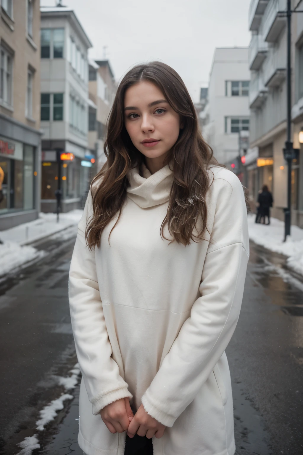 professional portrait photograph of a gorgeous Norwegian girl in winter clothing with long wavy blonde hair, sultry flirty look, gorgeous symmetrical face, cute natural makeup, wearing elegant warm winter fashion clothing, ((standing outside in snowy city street)), stunning modern urban environment, ultra realistic, concept art, elegant, highly detailed, intricate, sharp focus, depth of field, f/1. 8, 85mm, medium shot, mid shot, (((professionally color graded))), bright soft diffused light, (volumetric fog), trending on instagram, hdr 4k, 8k