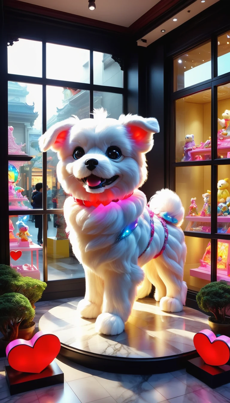Prominent display window,Bright lights can be seen through the windows。Various cute toys are displayed in the window,Detailed doll、Colorful building blocks、Colorful、Stuffed toys and shiny electronic toys of various shapes。Each toy exhibits unique features and design examples, Super realistic dog model、Moving and modifying cars。etc.,The most eye-catching one is the big pink heart-shaped model,Exuding warmth and romance。The entire window display is beautifully decorated,High-quality marble for walls and floors,Beautifully carved white wood for display tables and shelves,Showing high quality and sophistication。Showcase lighting effect is excellent,second hand soft、warm light,Make every exhibit dazzling。From the outside,The entire toy store window is like a window into a magical world,Attracted many passers-by to stop and watch,and are attracted to stores by them。The overall atmosphere is full of fairy-tale magic and joy,Bring joy and happiness to people。This picture is very vivid、meticulous,Vibrant colors,Give people a feeling of vitality、Full of childlike innocence and fun。