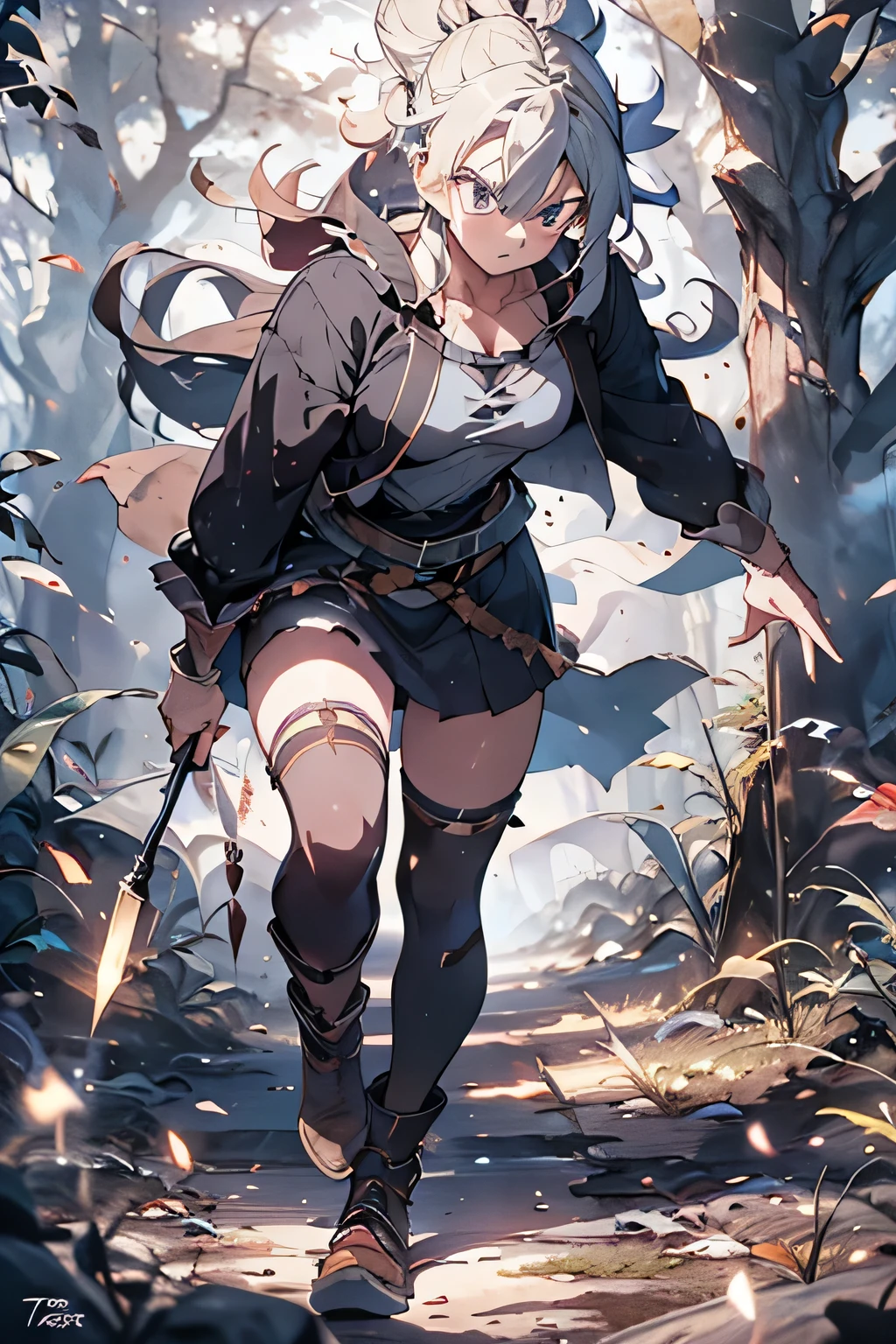 Asta from Black Clover captured in a high-quality photograph with a 50mm lens, showcasing the character in a powerful stance against a dramatic backdrop. The scene is set in a mystical forest, with shafts of sunlight filtering through the trees. The color temperature is warm and inviting, creating a sense of magic and wonder. Asta's expression is determined yet hopeful, reflecting his determination to protect his friends and achieve his goals. Soft, diffused lighting bathes the scene, adding depth and dimension to the image. --v 5 --stylize 1000