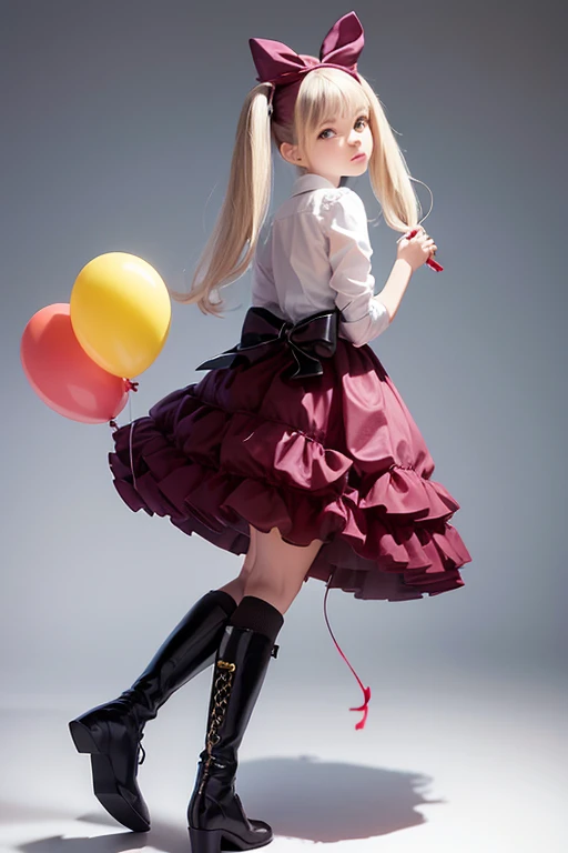 (holding balloons), (((full body))), real photo, 11 years old girl, Brat female , (((drawers))), ((looking back at me)), twin tails, big ribbon,  silver boots,